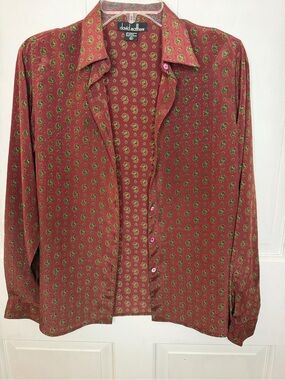 VTG David Matthew Women's 12 Burgundy Floral Collared Button-Up Long Sleeve